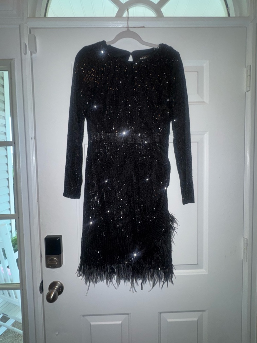 Nicole Miller Black Sequin Feather Hem Mini Dress